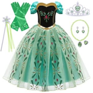Jurebecia Anna Costume for Girls Frozen Princess Snow Queen Dress Kids Birthday Party up Clothes Toddler with Accessories Green 100