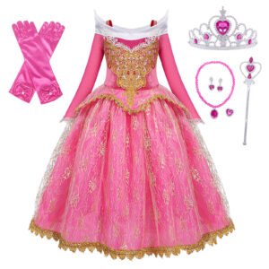Jurebecia Girls Princess Dress up Aurora Fancy Dresses Birthday Party Cosplay for Kids Evening Gown with Accessories