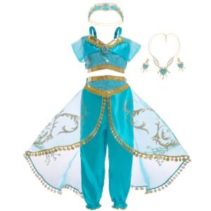 Jurebecia Princess Costume for Girls Sequined Halloween Dress up Blue with Accessories