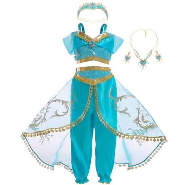 Jurebecia Princess Costume for Girls Sequined Halloween Dress up Blue with Accessories
