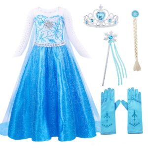 Jurebecia Snow Queen Costume for Girls Princess Birthday Party Blue Fancy Dresses up Christmas Halloween Cosplay Dress with Accessories