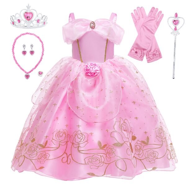 Benylion Girls Aurora Princess Costumes for Halloween Party Fancy Dress up with Accessories for 5-6 Years