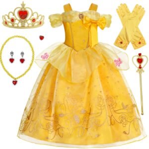 Jurebecia Princess Dress for Girls Costume Kids Off Shoulder Layered Toddler Halloween Cosplay Birthday Party Outfit up Yellow
