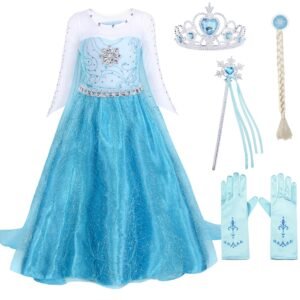 Jurebecia Snow Queen Dress for Girls Princess Birthday Party Blue Dresses up Little Girls Christmas Halloween Cosplay Costume with Accessories