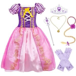 Jurebecia Girls Princess Costume, Floral Puffy Dress for Halloween Cosplay, Kids Birthday Party Dress with Accessories