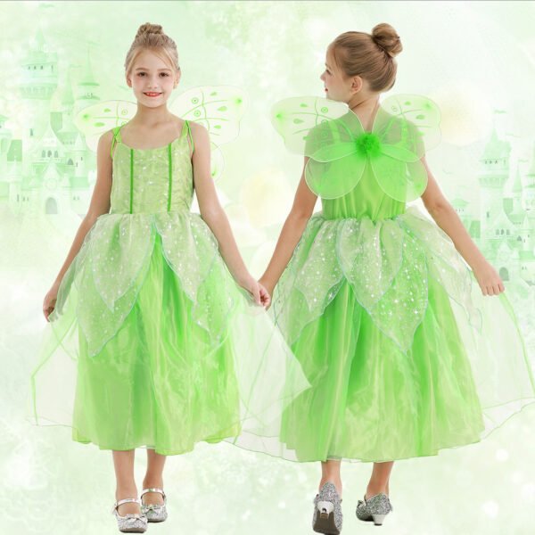Benylion Girls Princess Tiana Costume Fairy Dress Green Sparkly Tinker-Bell Inspired Outfit for 5-6 Years, Fancy Birthday Christmas Role Play Dress up - 图片 3