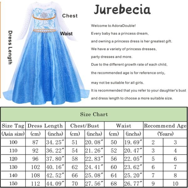 Jurebecia Snow Queen Costume for Girls Princess Birthday Party Blue Fancy Dresses up Christmas Halloween Cosplay Dress with Accessories - 图片 2