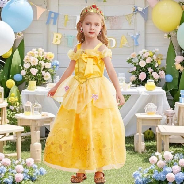 Jurebecia Princess Dress for Girls Costume Kids Off Shoulder Layered Toddler Halloween Cosplay Birthday Party Outfit up Yellow - 图片 4