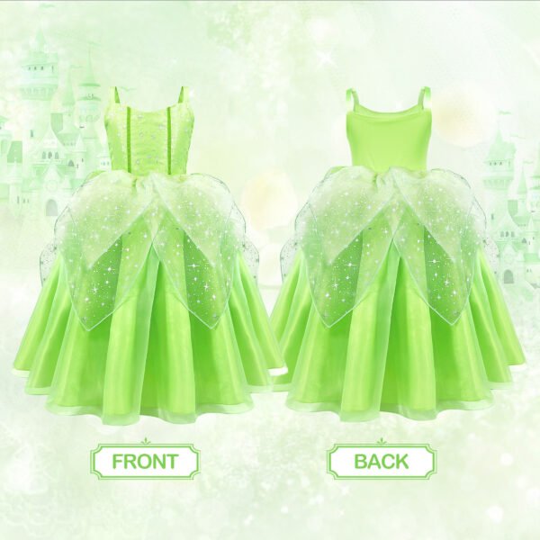 Benylion Girls Princess Tiana Costume Fairy Dress Green Sparkly Tinker-Bell Inspired Outfit for 5-6 Years, Fancy Birthday Christmas Role Play Dress up - 图片 4
