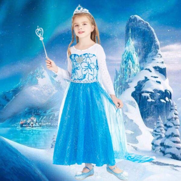 Jurebecia Snow Queen Costume for Girls Princess Birthday Party Blue Fancy Dresses up Christmas Halloween Cosplay Dress with Accessories - 图片 3