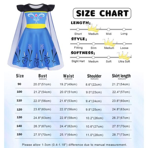Benylion Girls Anna Princess Costume with Cape 3-4Y Blue Birthday Party Dress Halloween Cosplay Outfit - 图片 2
