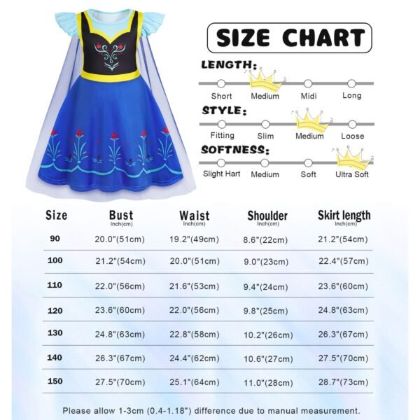 Benylion Anna Princess Dress With Cape Girls Birthday Party Cosplay Costume Toddler Fancy Outfit for 5-6 Years - 图片 2