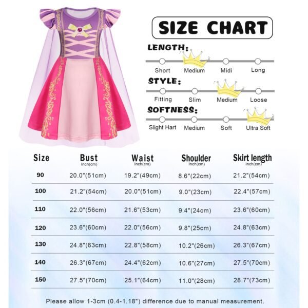 Benylion Girls Long Hair Princess Party Dress with Flower Crown and Cape for 5-6 Years Kids Birthday Fairy Tale Costume Fancy Dress Up Outfit - 图片 4