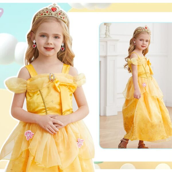 Jurebecia Princess Dress for Girls Costume Kids Off Shoulder Layered Toddler Halloween Cosplay Birthday Party Outfit up Yellow - 图片 7