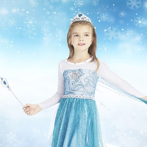 Jurebecia Snow Queen Dress for Girls Princess Birthday Party Blue Dresses up Little Girls Christmas Halloween Cosplay Costume with Accessories - 图片 6