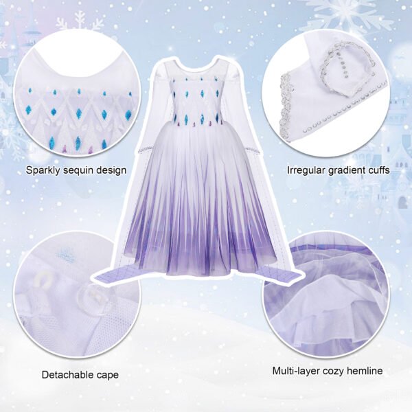 Benylion Girls Queen Costume with Accessories - Sparkly Blue Royal Dress Up Outfit for Halloween Party, Frozen Inspired Style for 5-6Years - 图片 6