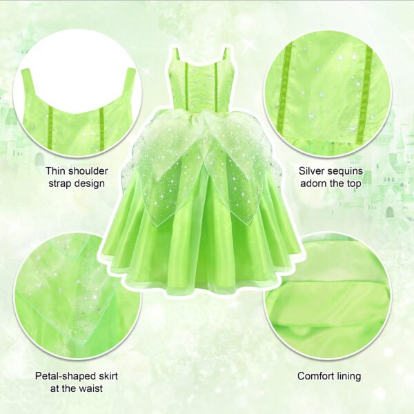 Benylion Girls Princess Tiana Costume Fairy Dress Green Sparkly Tinker-Bell Inspired Outfit for 5-6 Years, Fancy Birthday Christmas Role Play Dress up - 图片 5