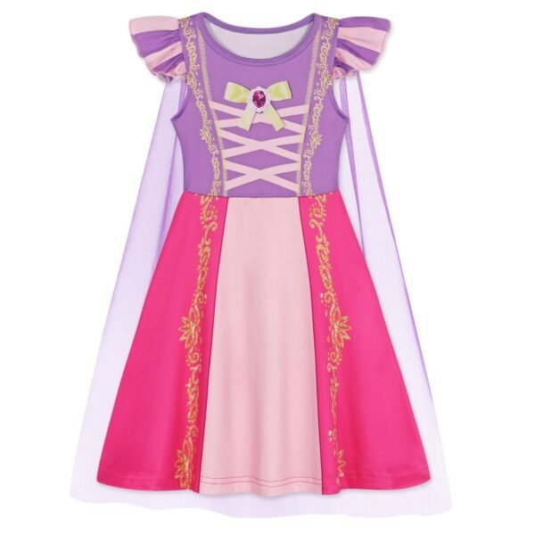 Benylion Girls Long Hair Princess Party Dress with Flower Crown and Cape for 5-6 Years Kids Birthday Fairy Tale Costume Fancy Dress Up Outfit - 图片 5