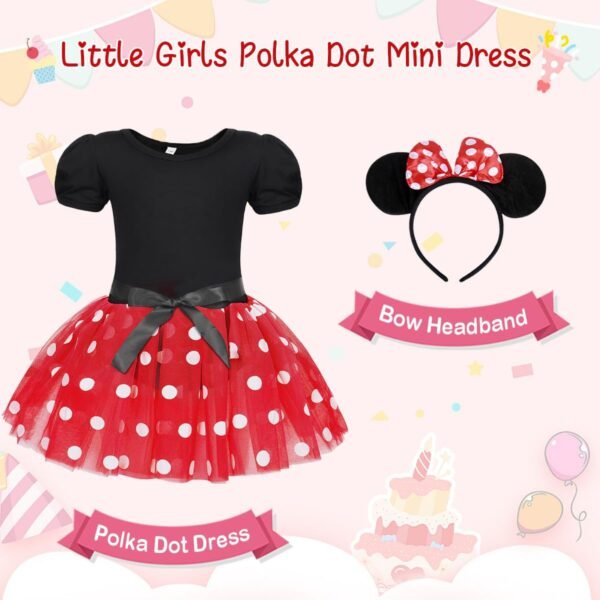 Jurebecia Toddler Girls Princess Costume Minnie Red Polka Dot Tutu Mouse Dress with Bow Headband Fancy Party Outfit for Birthday Cosplay - 图片 3