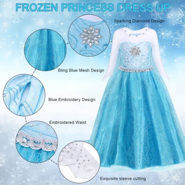 Jurebecia Snow Queen Dress for Girls Princess Birthday Party Blue Dresses up Little Girls Christmas Halloween Cosplay Costume with Accessories - 图片 3