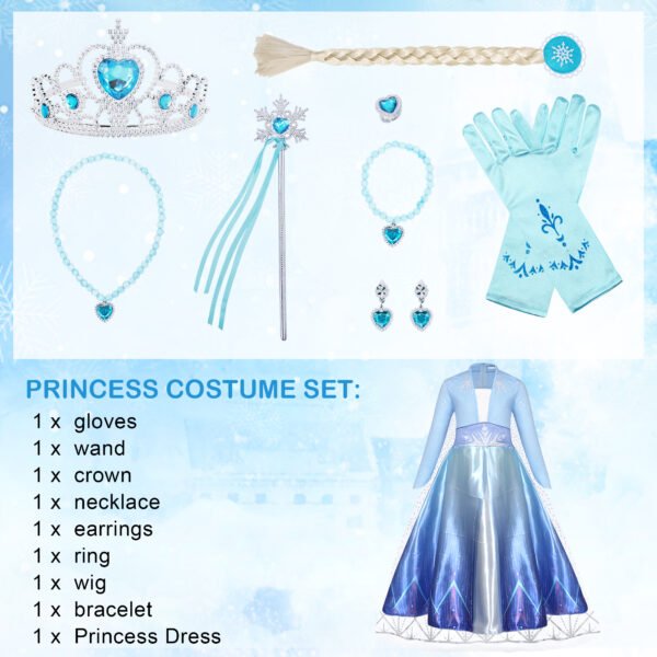 Jurebecia Snow Queen Princess Dress up Costume for Girl Birthday Party Blue Dresses up Little Girls Christmas Halloween Cosplay Costume with Accessories - 图片 7