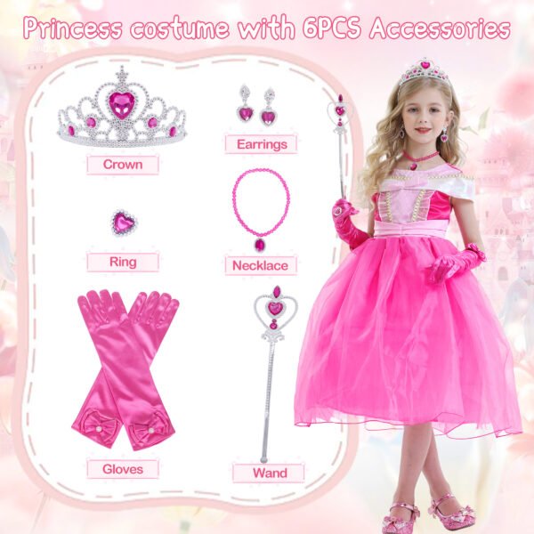 Benylion Girls Princess Aurora Costume 8T - Pink Fairy Tale Party Dress with Accessories Halloween Birthday Dress Up Outfit - 图片 5