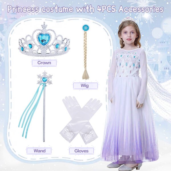 Benylion Girls Queen Costume with Accessories - Sparkly Blue Royal Dress Up Outfit for Halloween Party, Frozen Inspired Style for 5-6Years - 图片 5
