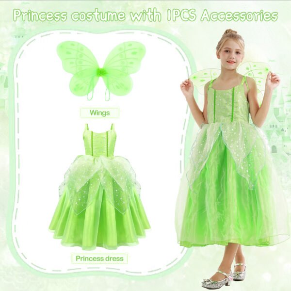 Benylion Girls Princess Tiana Costume Fairy Dress Green Sparkly Tinker-Bell Inspired Outfit for 5-6 Years, Fancy Birthday Christmas Role Play Dress up - 图片 6