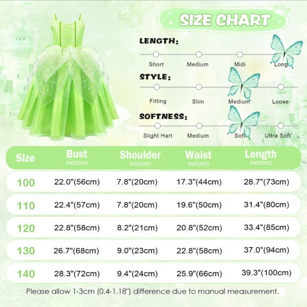 Benylion Girls Princess Tiana Costume Fairy Dress Green Sparkly Tinker-Bell Inspired Outfit for 5-6 Years, Fancy Birthday Christmas Role Play Dress up - 图片 2
