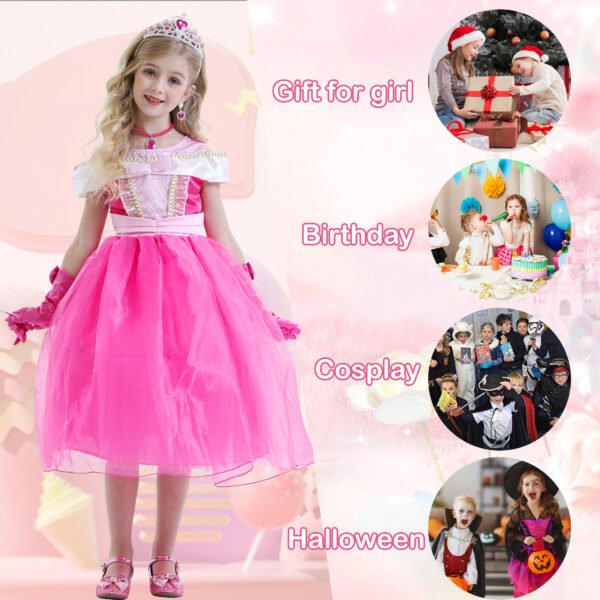 Benylion Girls Princess Aurora Costume 8T - Pink Fairy Tale Party Dress with Accessories Halloween Birthday Dress Up Outfit - 图片 7
