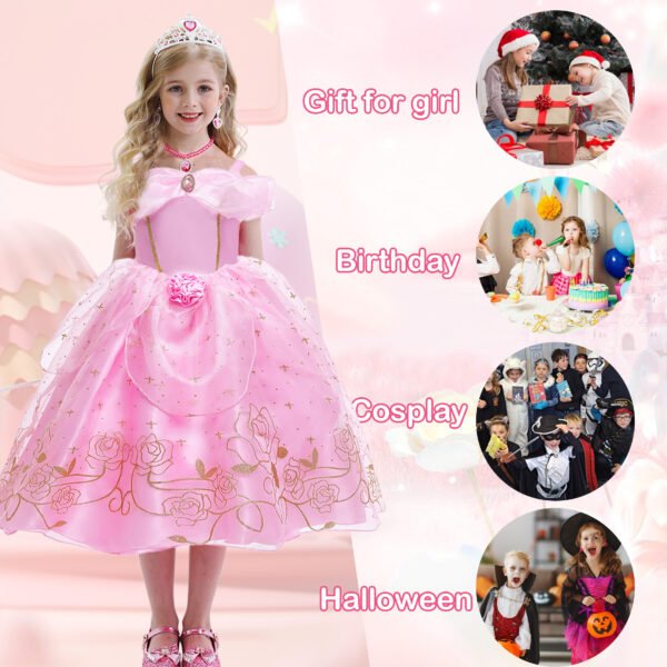 Benylion Girls Aurora Princess Costumes for Halloween Party Fancy Dress up with Accessories for 5-6 Years - 图片 7