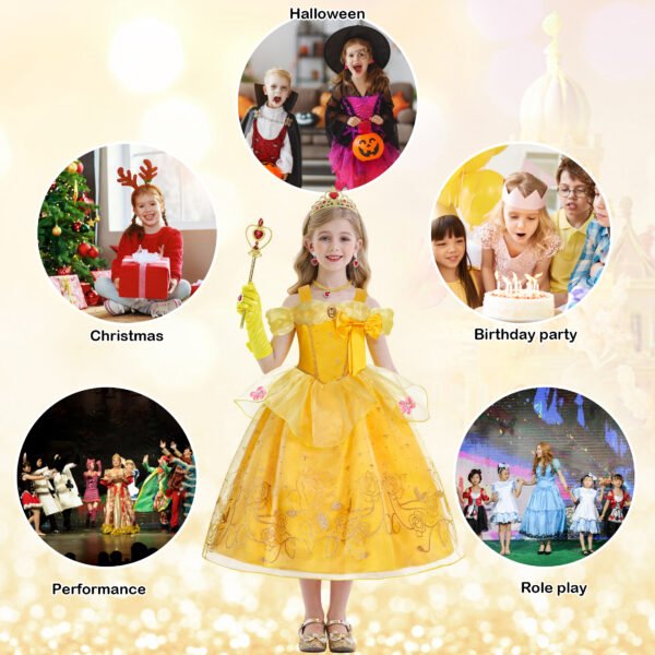 Jurebecia Princess Dress for Girls Costume Kids Off Shoulder Layered Toddler Halloween Cosplay Birthday Party Outfit up Yellow - 图片 9