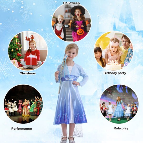 Jurebecia Snow Queen Princess Dress up Costume for Girl Birthday Party Blue Dresses up Little Girls Christmas Halloween Cosplay Costume with Accessories - 图片 5