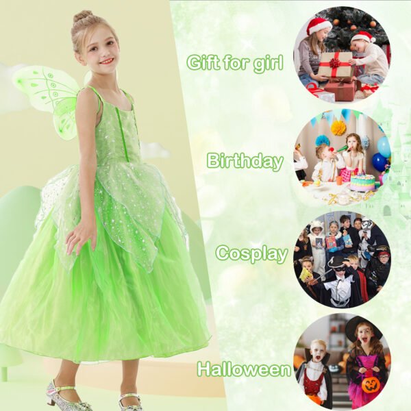 Benylion Girls Princess Tiana Costume Fairy Dress Green Sparkly Tinker-Bell Inspired Outfit for 5-6 Years, Fancy Birthday Christmas Role Play Dress up - 图片 7