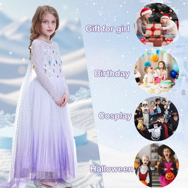 Benylion Girls Queen Costume with Accessories - Sparkly Blue Royal Dress Up Outfit for Halloween Party, Frozen Inspired Style for 5-6Years - 图片 7