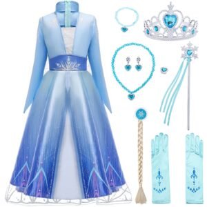 Jurebecia Snow Queen Princess Dress up Costume for Girl Birthday Party Blue Dresses up Little Girls Christmas Halloween Cosplay Costume with Accessories