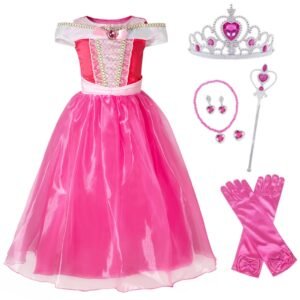 Benylion Girls Princess Aurora Costume 8T - Pink Fairy Tale Party Dress with Accessories Halloween Birthday Dress Up Outfit
