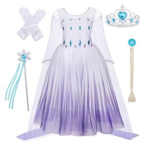 Benylion Girls Queen Costume with Accessories - Sparkly Blue Royal Dress Up Outfit for Halloween Party, Frozen Inspired Style for 5-6Years