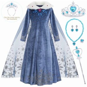 Jurebecia Elsa Anna Princess Dress Frozen Costume for Girls Snow Queen Winter Dresses for Toddlers up Fancy Halloween Christmas Birthday Cosplay Outfit with Cape 7-8 Years