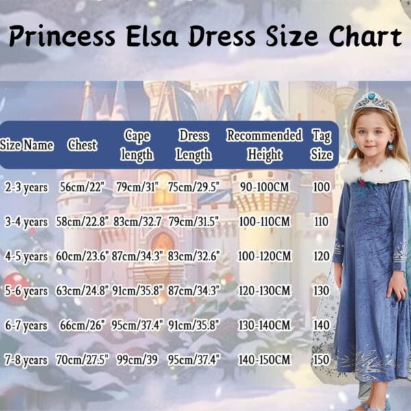 Jurebecia Elsa Anna Princess Dress Frozen Costume for Girls Snow Queen Winter Dresses for Toddlers up Fancy Halloween Christmas Birthday Cosplay Outfit with Cape 7-8 Years - 图片 4