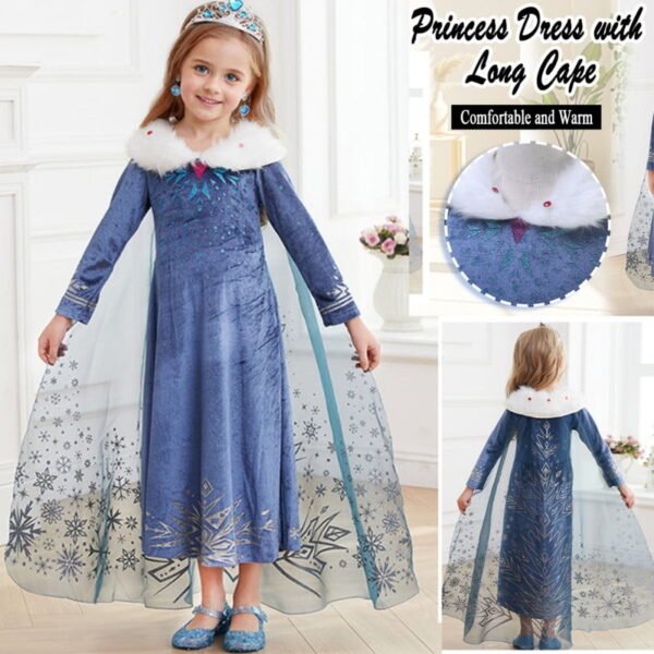Jurebecia Elsa Anna Princess Dress Frozen Costume for Girls Snow Queen Winter Dresses for Toddlers up Fancy Halloween Christmas Birthday Cosplay Outfit with Cape 7-8 Years - 图片 3