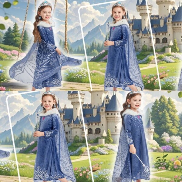 Jurebecia Elsa Anna Princess Dress Frozen Costume for Girls Snow Queen Winter Dresses for Toddlers up Fancy Halloween Christmas Birthday Cosplay Outfit with Cape 7-8 Years - 图片 8
