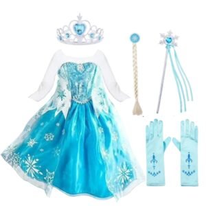 Benylion Girls Ice Costume Princess Snow Dress up Blue Dresses with Cosplay Accessories Crown Wand & Gloves for 5-6 Years
