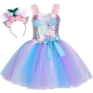 Jurebecia Little Girls Princess Tulle Dresses Sleeveless Halloween Tutu Skirt for Birthday Halloween Cosplay with Headgear