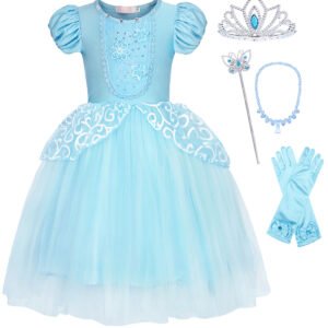 Jurebecia Princess Costume Halloween Dress up for Girls Blue Clothes for Toddler Birthday Party Fancy Cosplay with Accessories