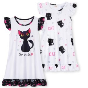 Jurebecia 2Pcs Girls Nightgowns cats Pajamas Toddler Nightgown Sleepwear Flutter Short Sleeves Night Gowns for Kids 3-4 Years 110 CM