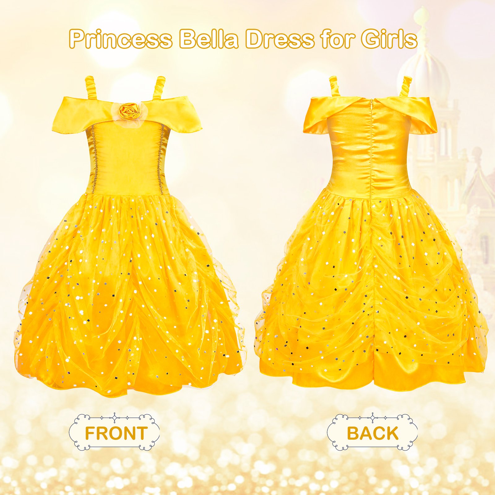 Jurebecia Princess Dresses for Girls Halloween Costume Layered Off Shoulder Cosplay Birthday Outfit Yellow Kids Birthday Holiday Theme Party Clothes - 图片 7