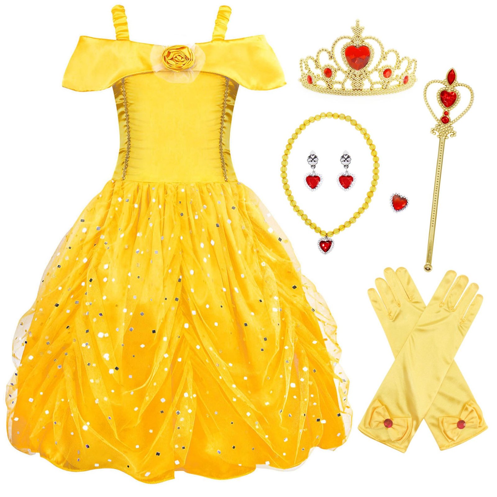Jurebecia Princess Dresses for Girls Halloween Costume Layered Off Shoulder Cosplay Birthday Outfit Yellow Kids Birthday Holiday Theme Party Clothes - 图片 2