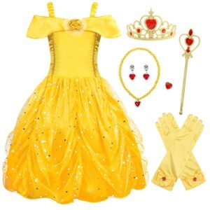 Jurebecia Princess Dresses for Girls Halloween Costume Layered Off Shoulder Cosplay Birthday Outfit Yellow Kids Birthday Holiday Theme Party Clothes