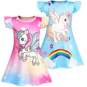 Jurebecia 2Pcs Girls Nightgowns Unicorn Sleepwear Night Sleep Dress Pajamas Little Kids Toddler Soft Nightgown Flutter Short Sleeves Nightdress